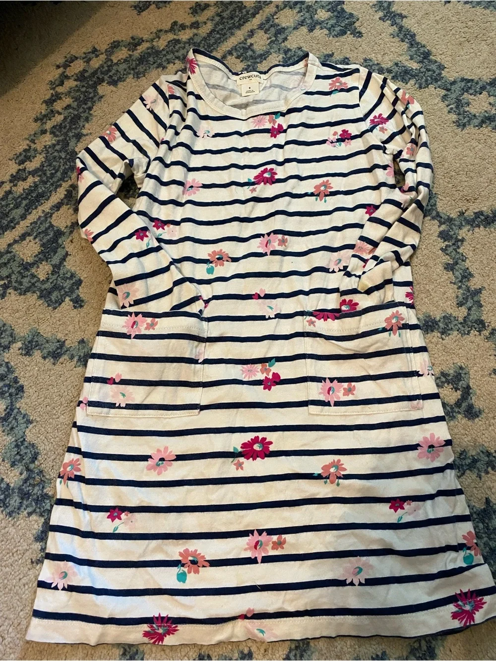 Crewcuts Girls Navy Stripe Floral Long Sleeve Top & Black Plaid Skirt Set